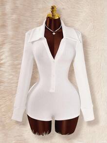 Amplova 女式纯色长袖单排扣休闲翻领连体裤白色连体衣女式白色连体衣女式紧身衣 - 白色 - 查看 4