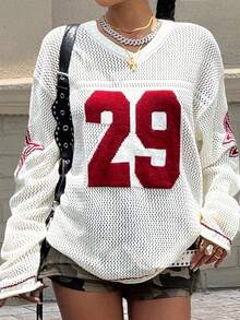 SHEIN Leap Crew Teen Girls Semi-Sheer White Long Sleeve Acrylic V-Neck Pullover With Patched Letter Design Teen Girl Sweater Varsity Sweaters Cute Sweater Teen Y2k Fishnet Sweater,In Fall/Winter - White - View 1