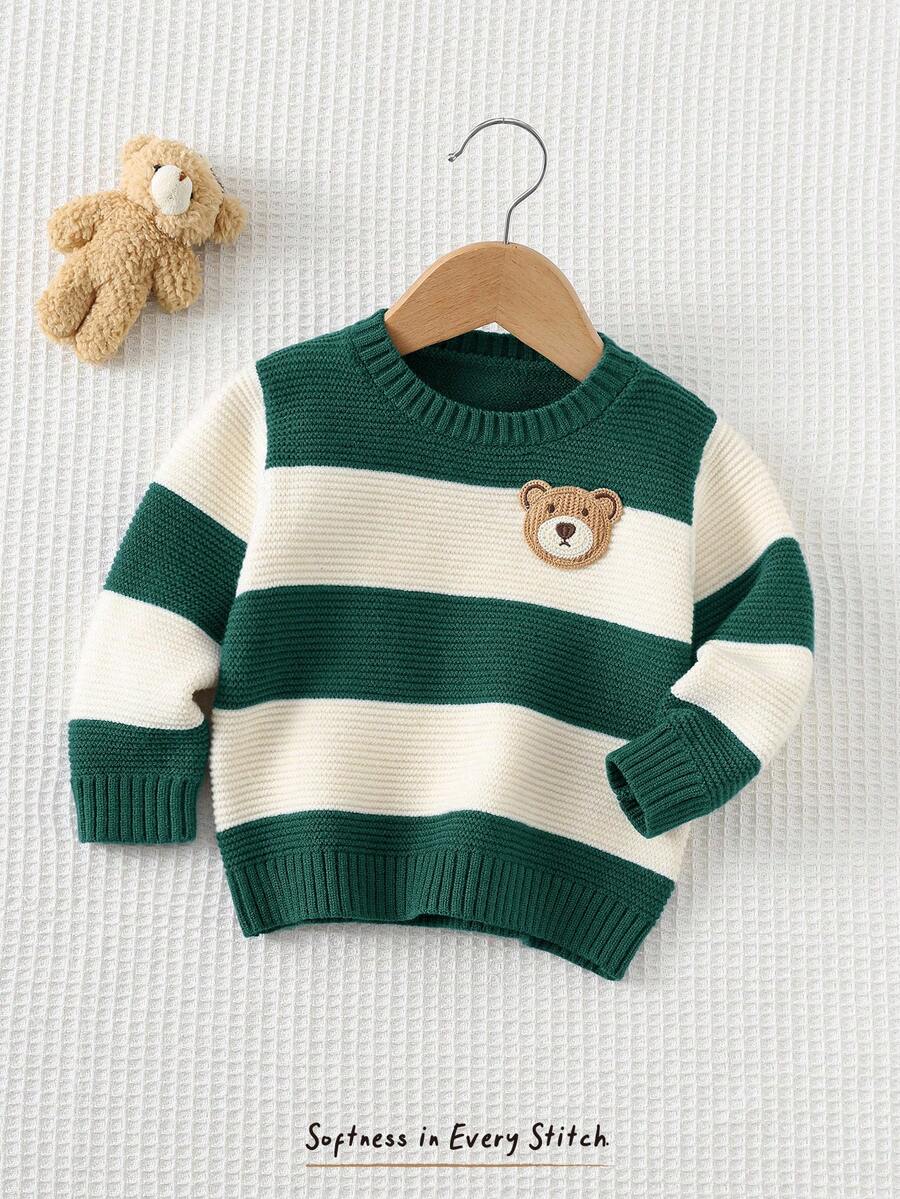 Cozy Pixies Baby Boy Cartoon Bear Striped Pattern Crew Neck Long Sleeve Sweater Fall Winter - Dark Green - View 1
