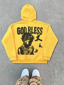 Manfinity Roghcode 男士休闲图案字母印花拉链连帽衫，秋冬 - 黃色 - 查看 1