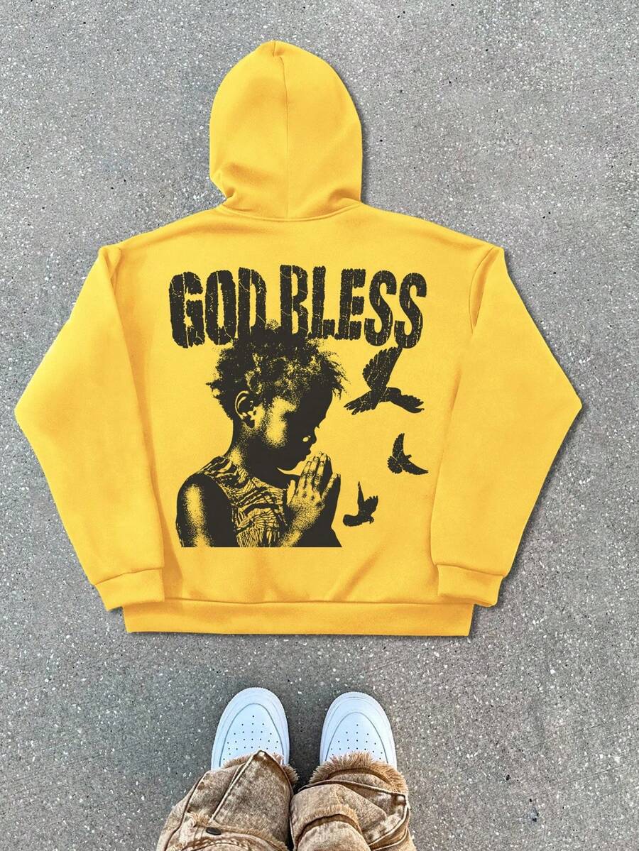 Manfinity Roghcode 男士休闲图案字母印花拉链连帽衫，秋冬 - 黃色 - 查看 1