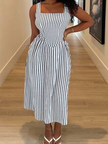 Alexandranx Women Striped Print Square Neck Sleeveless Mid-Calf Summer Dress - Navy Blue - View 4