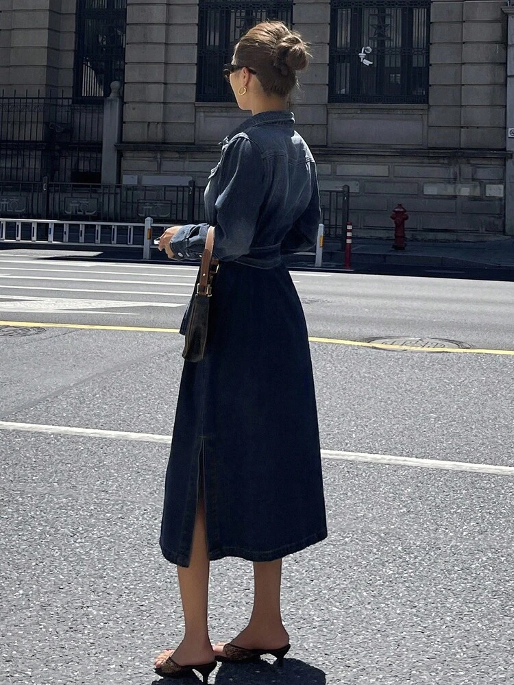 Lace-Up Denim Long Sleeve Shirt Dress, Ombre Long Denim Dress
