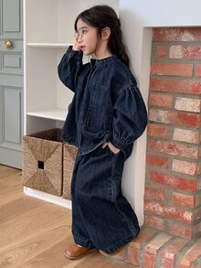 DAZY 2件套年轻女孩休闲长袖上衣和裤子套装 - 藍色 - 查看 7