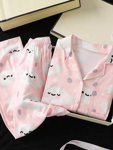 Conjunto de pijama para niñas preadolescentes, estampado de flores, nubes y caras sonrientes, top de manga larga con botones delanteros y pantalones largos, tela ignífuga, elegante y de moda - Rosa Pálido - Ver 1