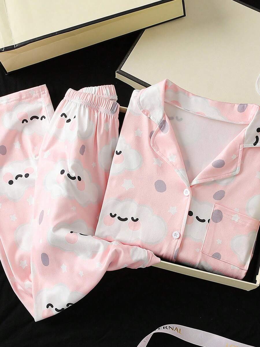 Conjunto de pijama para niñas preadolescentes, estampado de flores, nubes y caras sonrientes, top de manga larga con botones delanteros y pantalones largos, tela ignífuga, elegante y de moda - Rosa Pálido - Ver 1