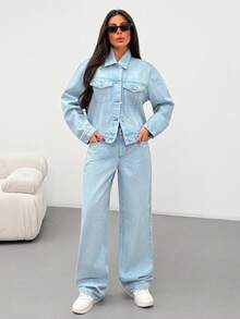 EURMUSE Single-Breasted Casual Denim Jacket And Jeans Set Denim Jacket And Jeans Set Women Blue 2 Piece Set Women Womens Light Blue Denim Set 2 Piece Denim Set Women Jean 2 Piece Set - Light Wash - View 7