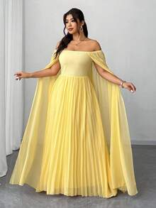 Elenzga Plus Size Women's Elegant Off-Shoulder Ruffle Chiffon Maxi Dress, Suitable For Party, Wedding Guest, Spring/Autumn/Winter - Yellow - View 5
