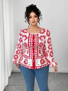 SHEIN Elenzya Áo cánh dài tay ôm sát cổ tròn in họa tiết cho nữ, áo khoác ngoài thường ngày - Nhiều màu - Xem 7