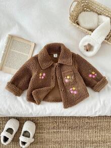 SHEIN Baby Girl Thick Fleece Embroidered Flower Collar Long Sleeve Jacket, Autumn/Winter Fall - Coffee Brown - View 6