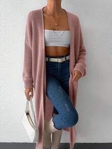 SHEIN Cottnline Women Dropped Shoulder Long Sleeve Large Pocket Solid Color Knit Casual Cardigan - Baby Pink - View 3