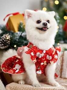 PETSIN 1 Cute Christmas Printed Red Dress Princess Dress Pet Bubble Sleeve Skirt
