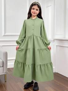 SHEIN 青少女蓮葉領紋理A字長裙，長袖款式