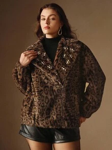 Anewsta Plus Size Women Leopard Print Beaded Padded Short Jacket, Autumn/Winter