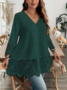 EMERY ROSE 大码女式V领纯色蕾丝拼布休闲衬衫 - 墨綠色 - 查看 5