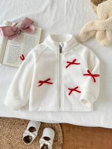 SHEIN 女婴休闲风格外套蝴蝶结装饰夹克秋冬 - 白色 - 查看 1