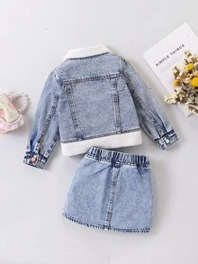 SHEIN 1 Set Girls Denim Outfit,New Autumn/Winter Collection,Light Blue Denim,Casual Style,Multi-Color Buttons,Furry Collar&Cuffs,Fitted,Back-To-School New - Light Wash - View 2
