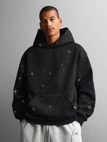 SUMWON 银河印花套头连帽衫冬季星夜图案天体设计休闲舒适超大舒适穿着全身星星宇宙主题 - 黑色 - 查看 2