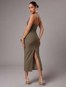 Silquee 女式纯白色露背吊带连衣裙，春夏 - 咖啡棕 - 查看 2