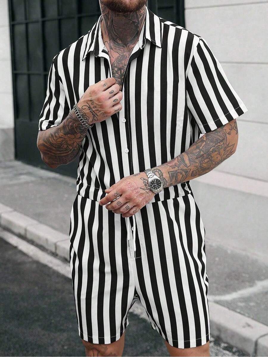 Manfinity Homme Men's Striped Printing Front Button Pocket Short Sleeve Jumpsuit