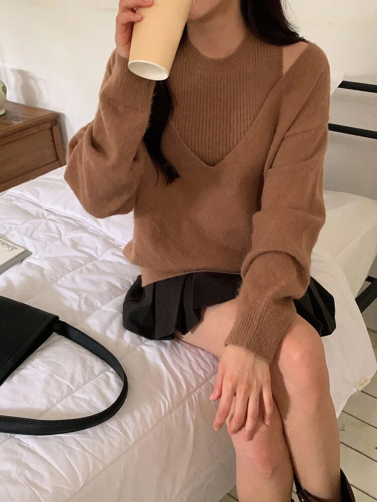 Women's 2 In 1 Korean Style Solid Color Autumn/Winter Camisole & Long Sleeve Sweater Set