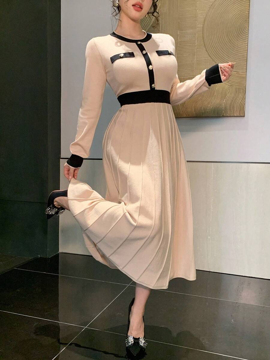 DAZY Women's Elegant Colorblock Round Neck Sweater Dress, Autumn