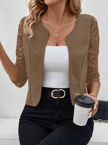 SHEIN Clasi Women's Sleeve Lace Patchwork Open Front Blazer Jacket In Fall/Winter - Mocha Brown - View 5