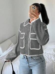 SHEIN EZwear 女士休闲撞色短款外套，秋冬季 - 淺灰色 - 查看 3