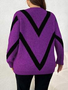 Elenzga Plus Size Women Casual Fashionable Slimming Round Neck Long Sleeve Jacquard Knit Pullover Sweater, Autumn/Winter - Purple - View 2