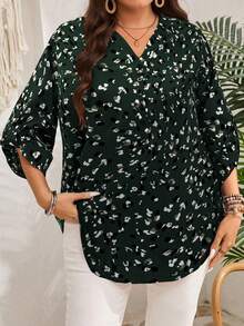 EMERY ROSE Plus Size Women's Early Spring 3/4 Sleeve Burgundy Floral Print Blouse - Dark Green - View 3