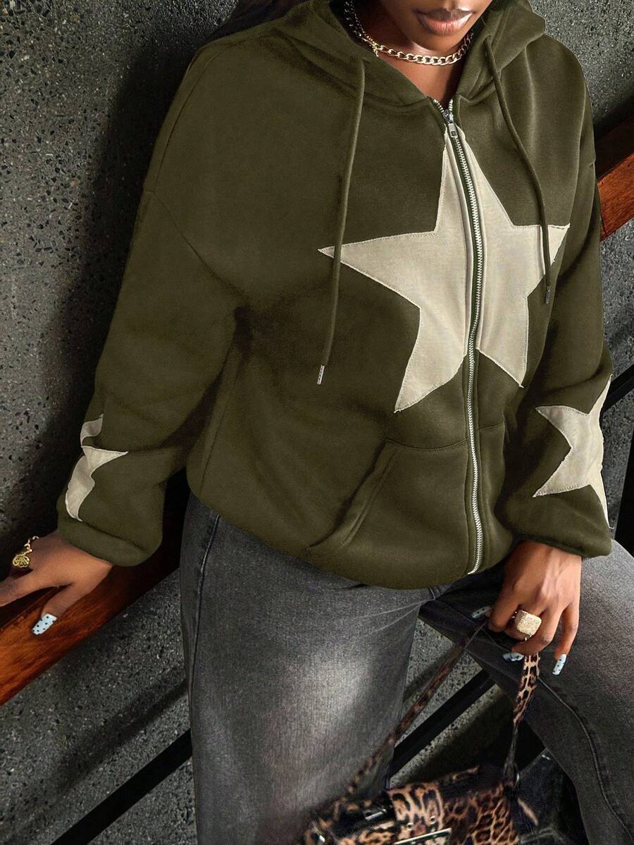 INAWLY Women's Star Patchwork Drop Shoulder Loose Zip Up Drawstring Hoodie, Spring & Autumn,Long Sleeve Top,Graduation,Teacher,Back To School Pullover Fall - Army Green - View 1