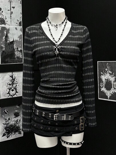 EgrlEra 女士休闲条纹V领修身长袖T恤