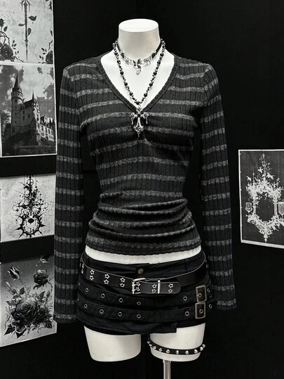 EgrlEra 女士休闲条纹V领修身长袖T恤