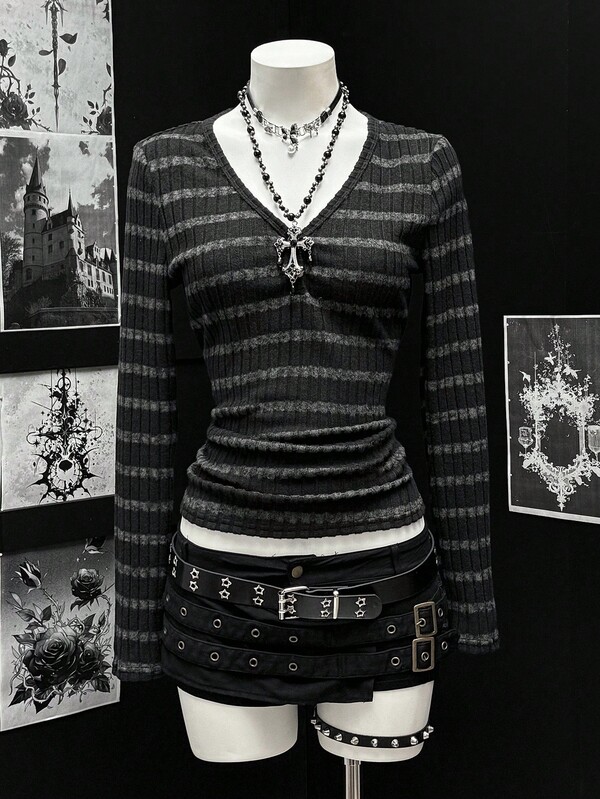 EgrlEra Women's Casual Striped V-Neck Slim Fit Long Sleeve T-Shirt