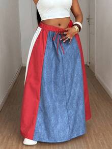 Maweii Váy denim chắp vá không co giãn, màu tương phản, họa tiết denim, dây rút eo, cỡ lớn dành cho nữ, mùa thu/đông - Nhiều màu - Xem 3