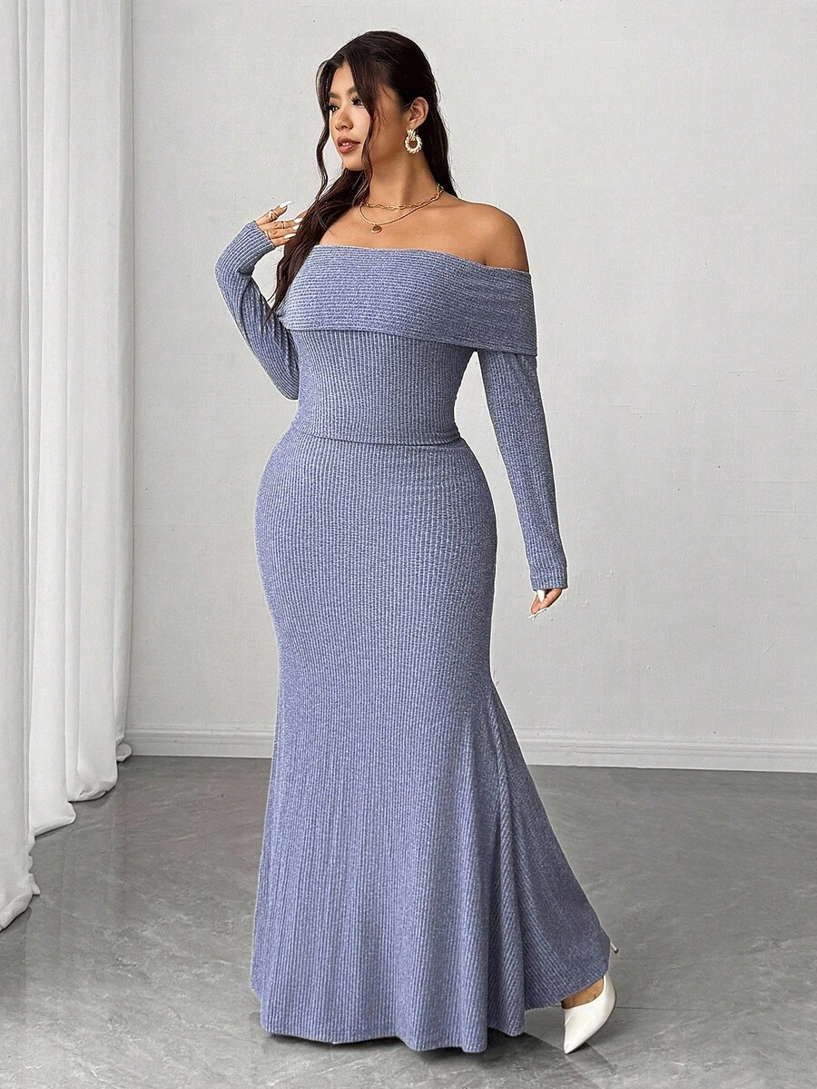 Elenzga Plus Size Women's Ribbed Off Shoulder Long Sleeve Elegant ...