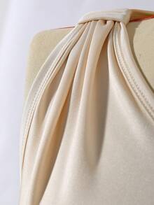 Teen Girls Elegant Minimalist Fashion Graceful Elegant Waist Cinched Mid-Length Solid Color Satin Glossy High-End Pleated Long Dress, Champagne Color, Suitable For Graduation, Prom, Christmas, Halloween - Apricot - View 5