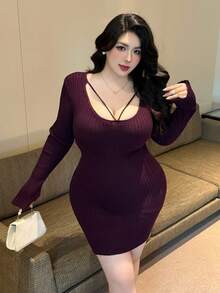 Flirla Fashionable Ribbed Bodycon Sweater Dress With Waist Cinching Design, Deep Purple, Autumn/Winter - Purple - View 5