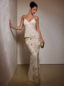 SHEIN BAE Party Nightclub Banquet Pattern Embroidery Sequins Shiny Fishtail Elegant Women's Long Skirt, White Skirt,Party Skirt,Elegant Women's Skirt,,Valentine's Day,Valentine Outfits For Women - Apricot - View 7