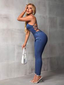 SHEIN Tall Women's Sexy Backless Halter Neck Fitted Denim Jumpsuit - Blue - View 3