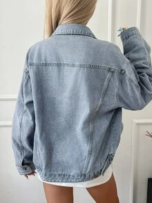 Livesso 女式宽松休闲做旧洗水牛仔夹克和外套，秋冬 - 藍色 - 查看 2