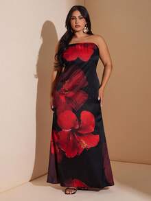SHEIN BAE Plus Size Women Red /Black Floral Satin Jacquard Dress/ New  Fall Fashion Clothes For Women,Autumn Outfits Women Plus Size ,Halloween Costume,Wedding Guest Dress Women,Going Out Dress Women,Homecoming Dress,Formal Dress Plus Size,Fall Clothes Plus Size,Plus Size Woman Dresses,Dresses Classy Elegant,Birthday Dresses For Women,CURVE,Christmas Women's Clothing,National Day,Graduation/Curvy Elegant Dresses For Party