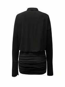 Cévolie Váy mini tay dài màu trơn đơn giản 2025 dành cho nữ - màu đen - Xem 2