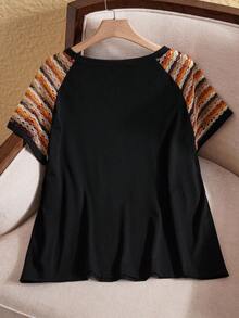 EMERY ROSE Plus Size Women Patchwork Striped Raglan Sleeve T-Shirt  Summer Outfits  Spring Outfits For Women  Vacation Outfits Woman - Multicolor - View 2