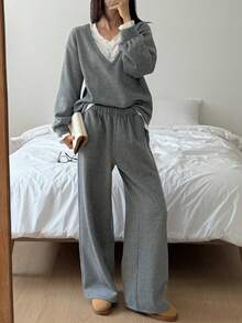 DAZY 女士V领二合一宽松长袖卫衣和直筒裤休闲家居服套装 - 灰色 - 查看 6