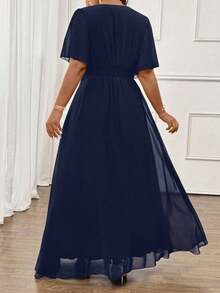 Elenzga Plus Size Elegant Navy Blue Summer Wedding Chiffon Shirred Short Sleeve Waist Tie Flared Maxi Dress,Commuter Casual Versatile Comfortable Fabric - Navy Blue - View 3