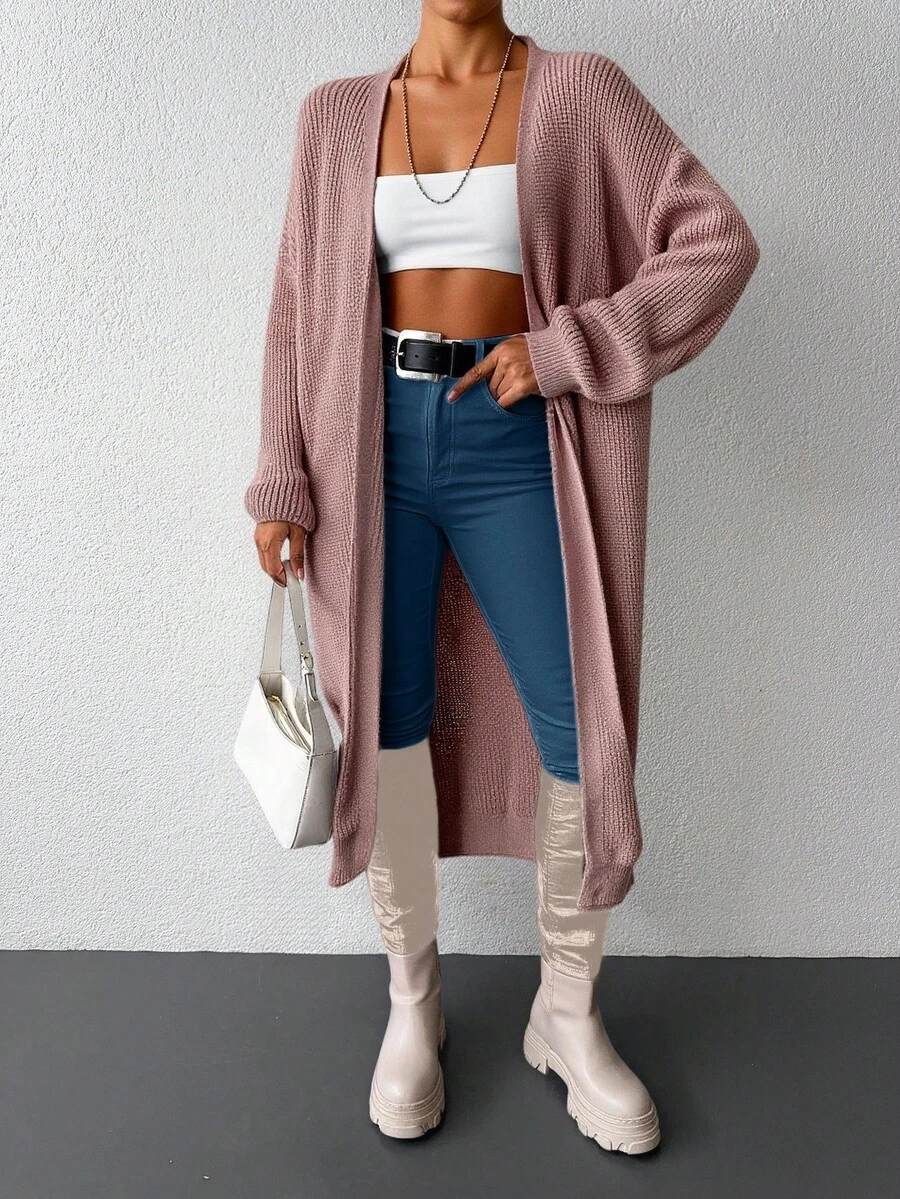 SHEIN Cottnline Women Dropped Shoulder Long Sleeve Large Pocket Solid Color Knit Casual Cardigan - Baby Pink - View 1