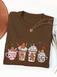 EMERY ROSE Christmas Coffee Gingerbread Man Printed Casual Plus Size T-Shirt - Coffee Brown - View 3