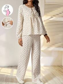 Boho Mama 2pcs Maternity Ditsy Floral Tie Front Lantern Sleeve Shirt And Adjustable Waist Pants Casual Outfit