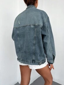 Cottnline Áo khoác denim rách vai 98% cotton có túi nắp - Rửa trung bình - Xem 2